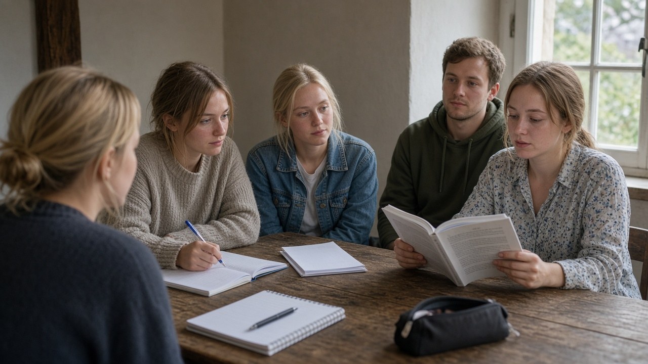 Personas ucranianas estudiando español en una mesa redonda